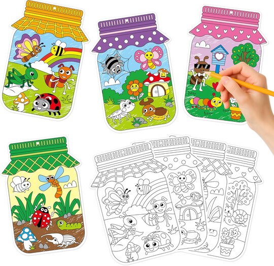 80 PCS Summer Bugs Jar Coloring Kit – Color Your Own Mason Jar Bug Hanging Ornaments with Ribbon, Kids Spring Insect Crafts, Classroom Art Projects & Party Favors